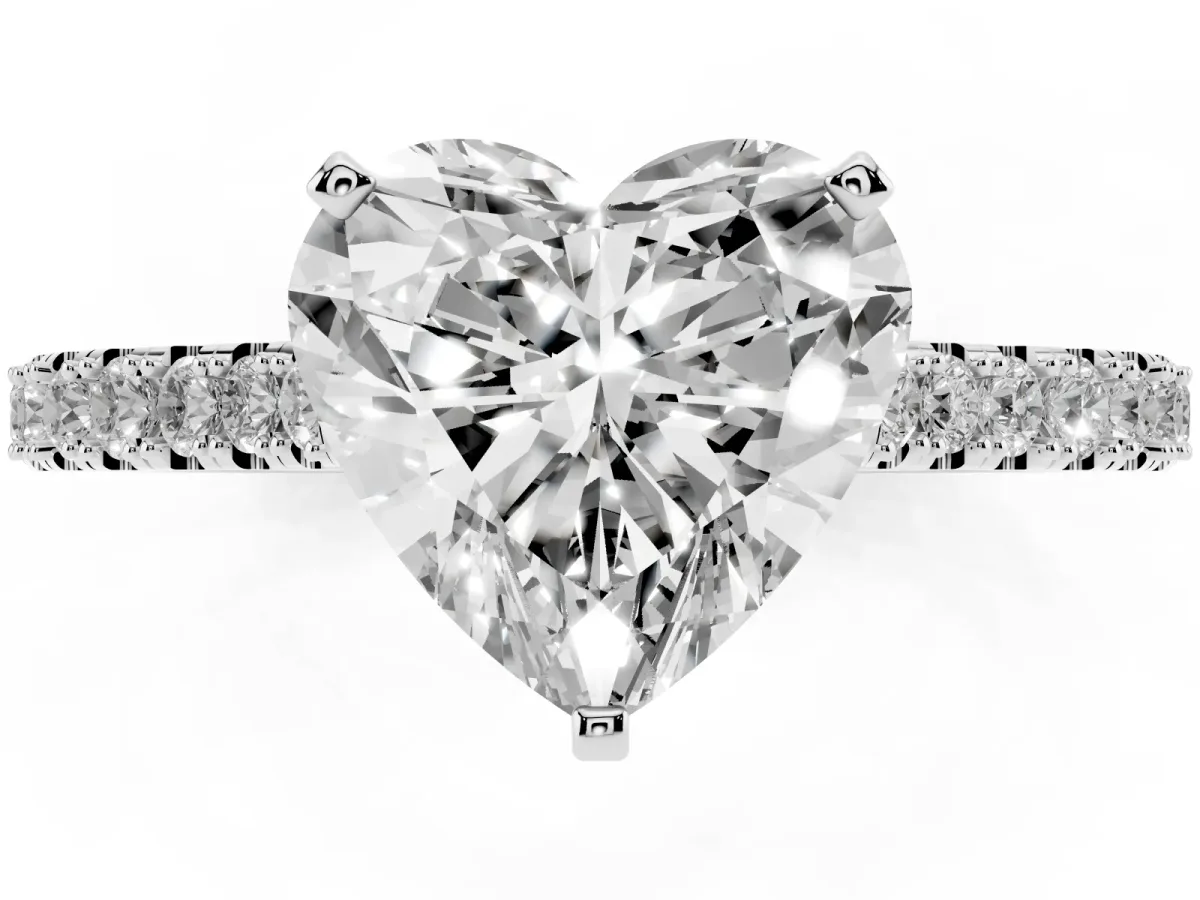 Heart Cut Cut Solitaire Diamond Engagement Ring with Pave Band and Four-Prong Setting White gold