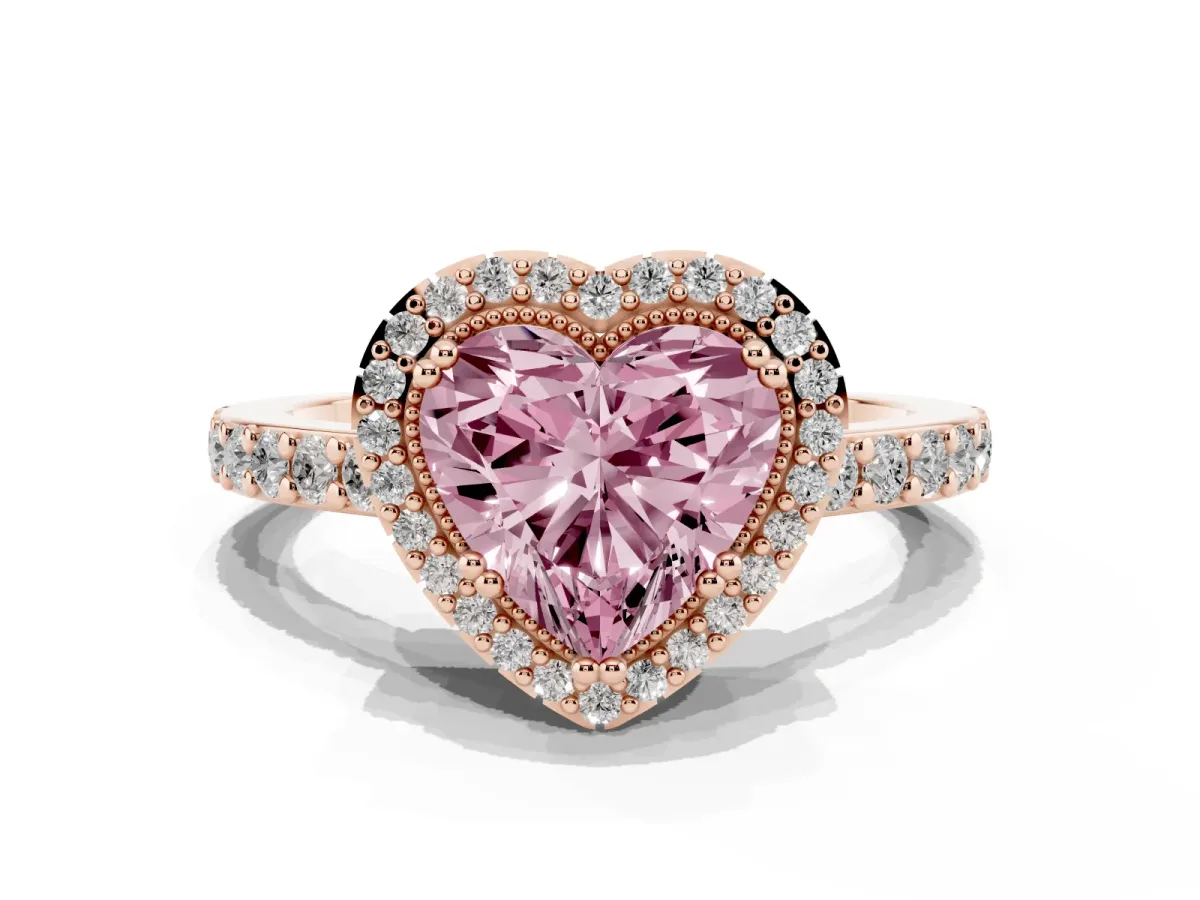 Fancy Pink Heart Cut Cut Diamond Halo Engagement Ring with Milgrain Detail and Pavé Band Rose gold