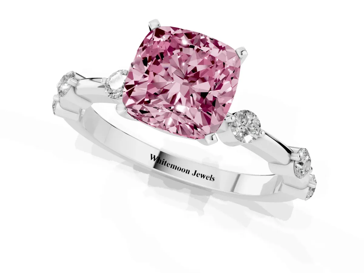 Fancy Pink Cushion Cut Solitaire Diamond Ring with Bezel Set Side Stones and Prong Setting Silver