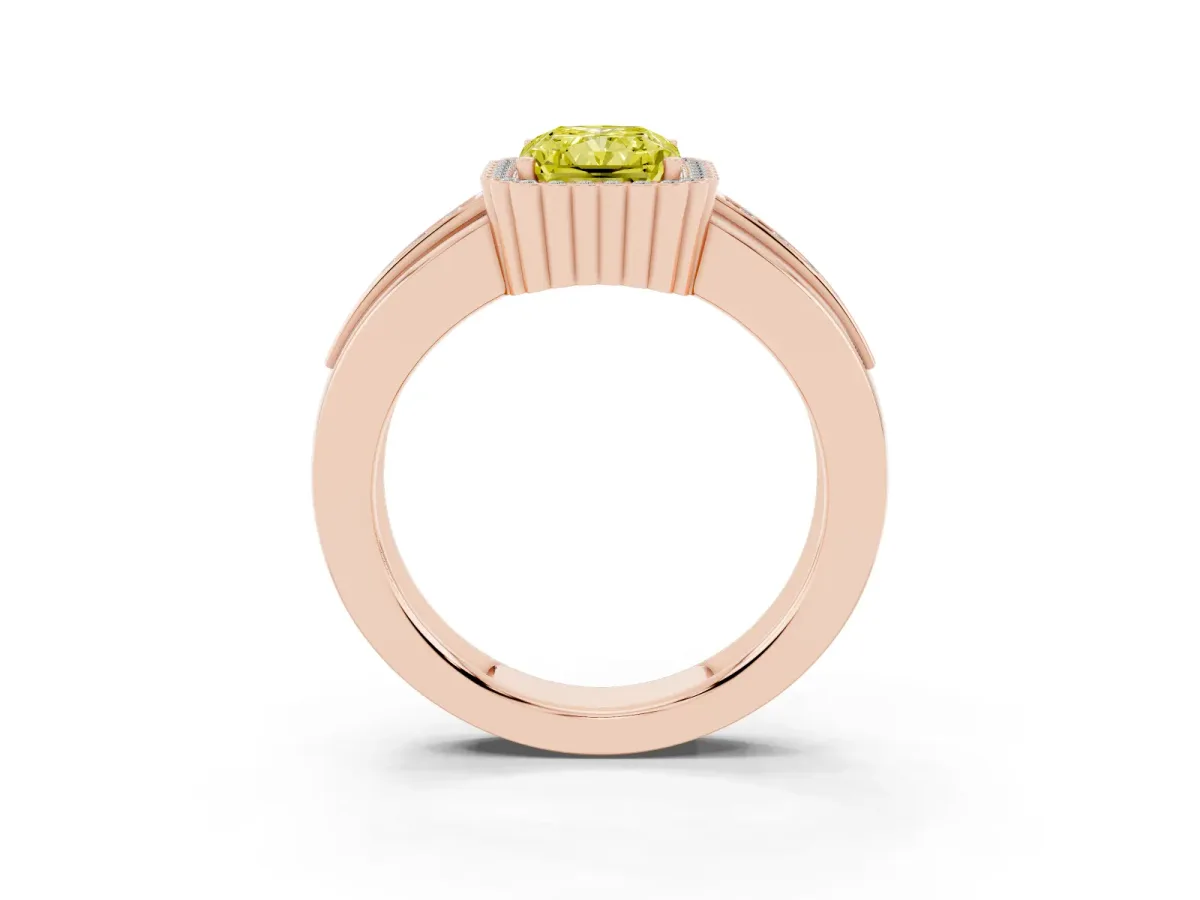 Fancy Yellow Radiant Cut Cut Halo Pave Band Four-Prong Ring Rose gold