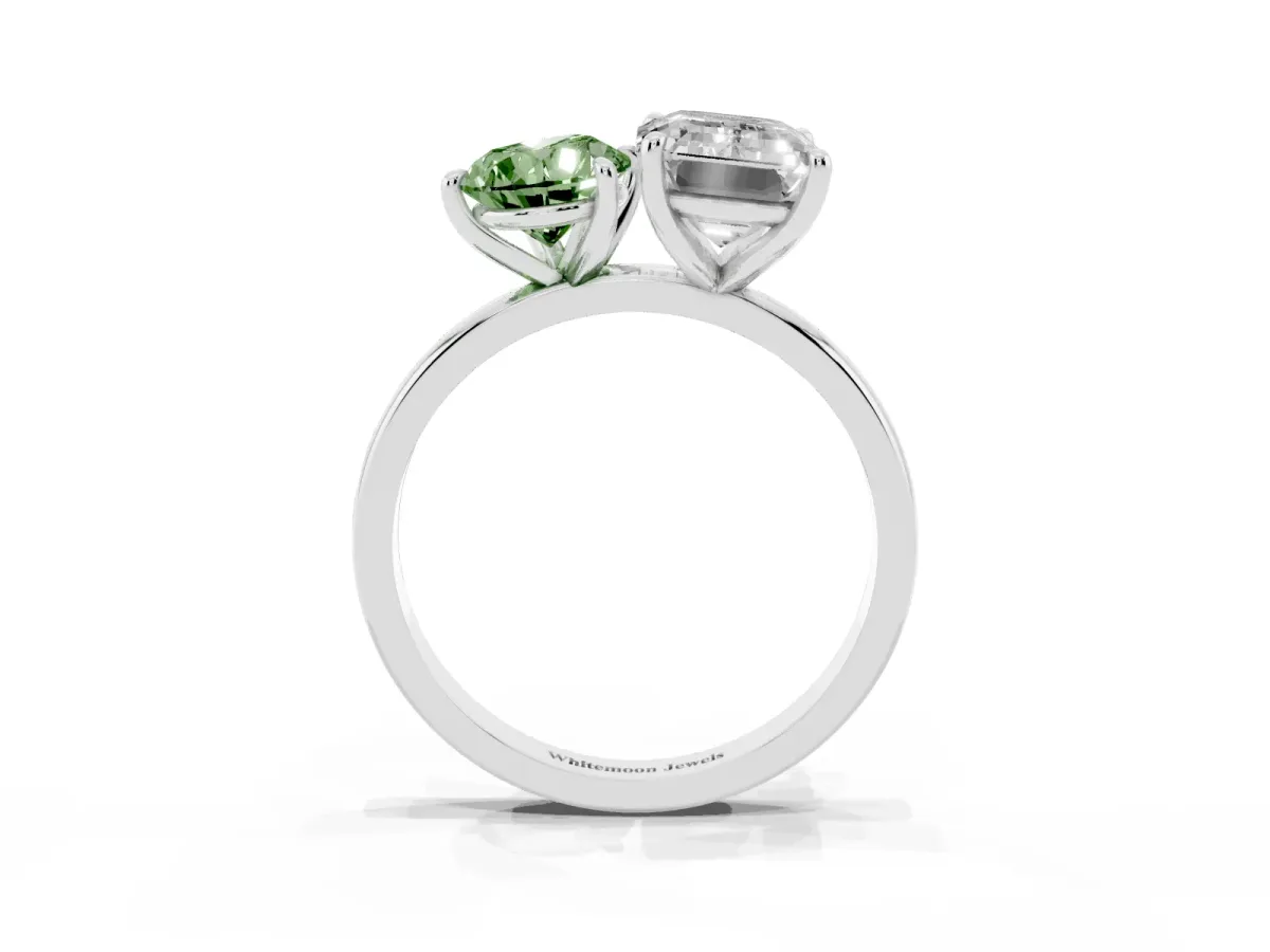 Fancy Green Pear Cut and Emerald Cut Toi Moi Ring with Prong Setting Platinum