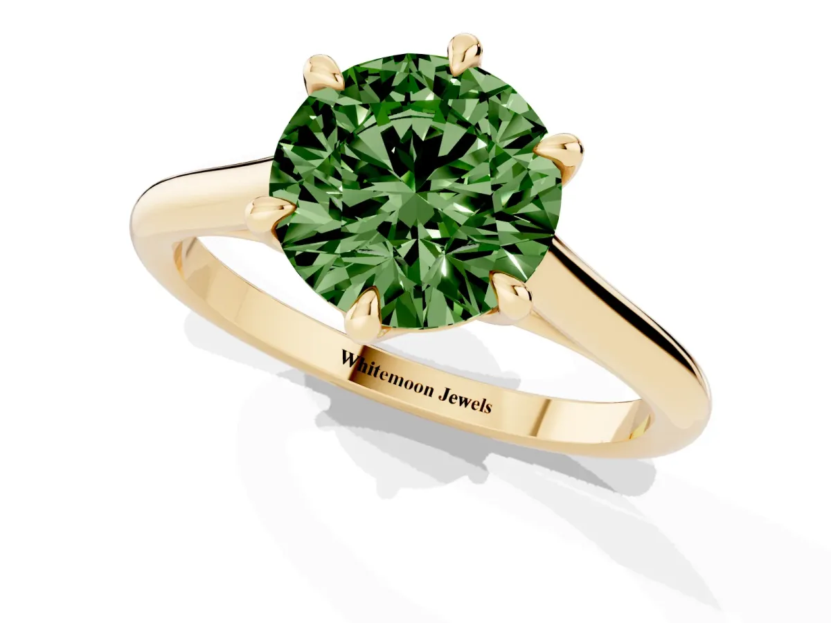 Fancy Green Round Cut Solitaire Engagement Ring with Six-Prong Setting and Classic Band Yellow gold