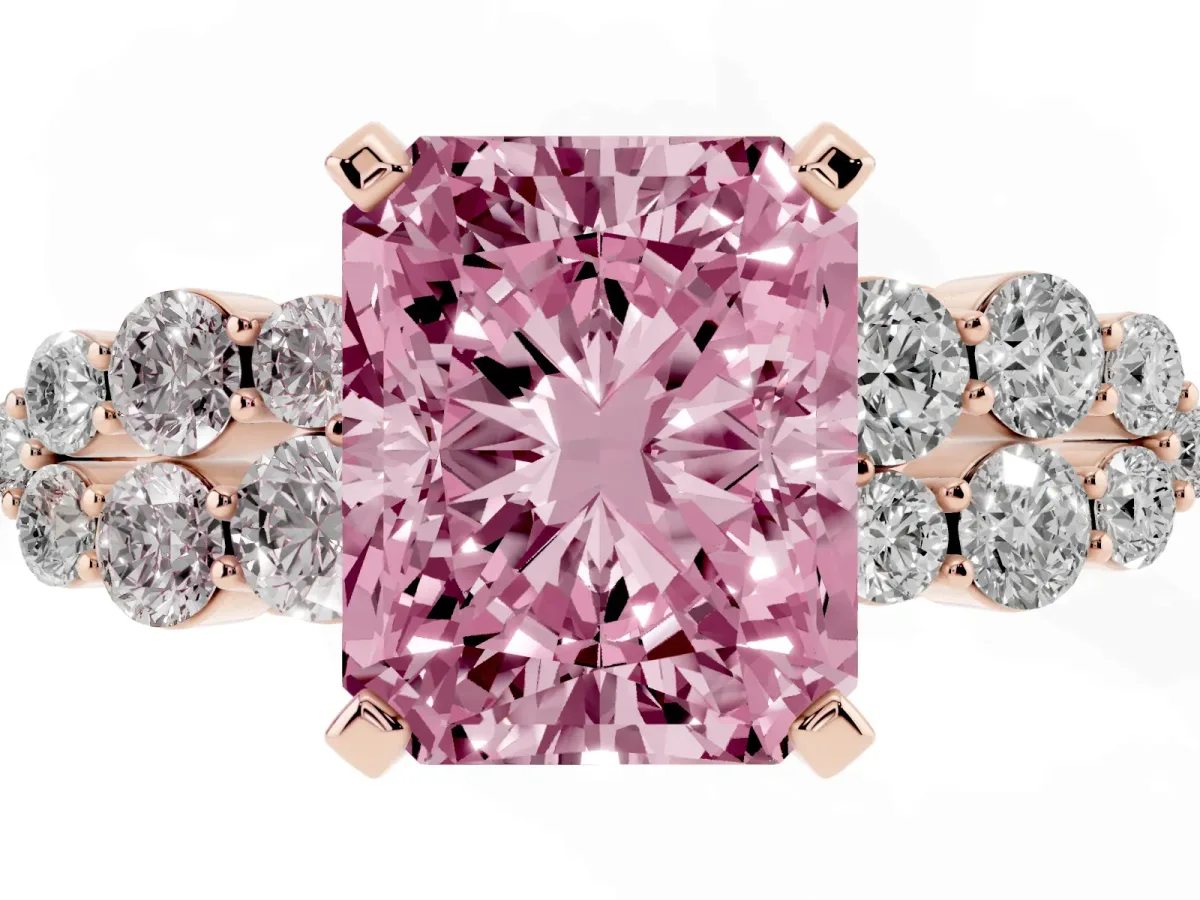 Fancy Pink Radiant Cut Cluster Diamond Engagement Ring with Pavé Band and Four-Prong Setting Rose gold