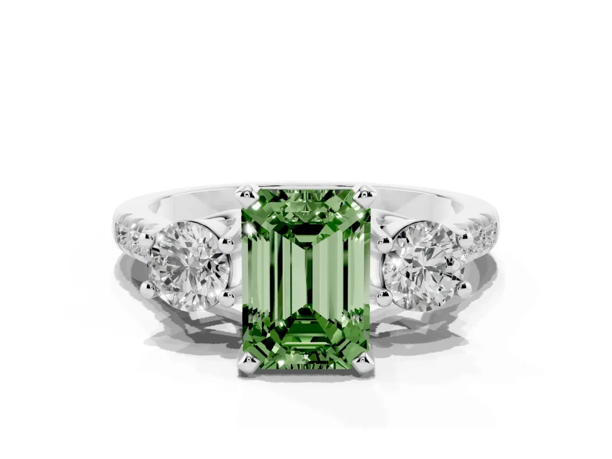 Fancy Green Three-Stone Emerald Cut Diamond Pavé Band with Four-Prong Setting Silver