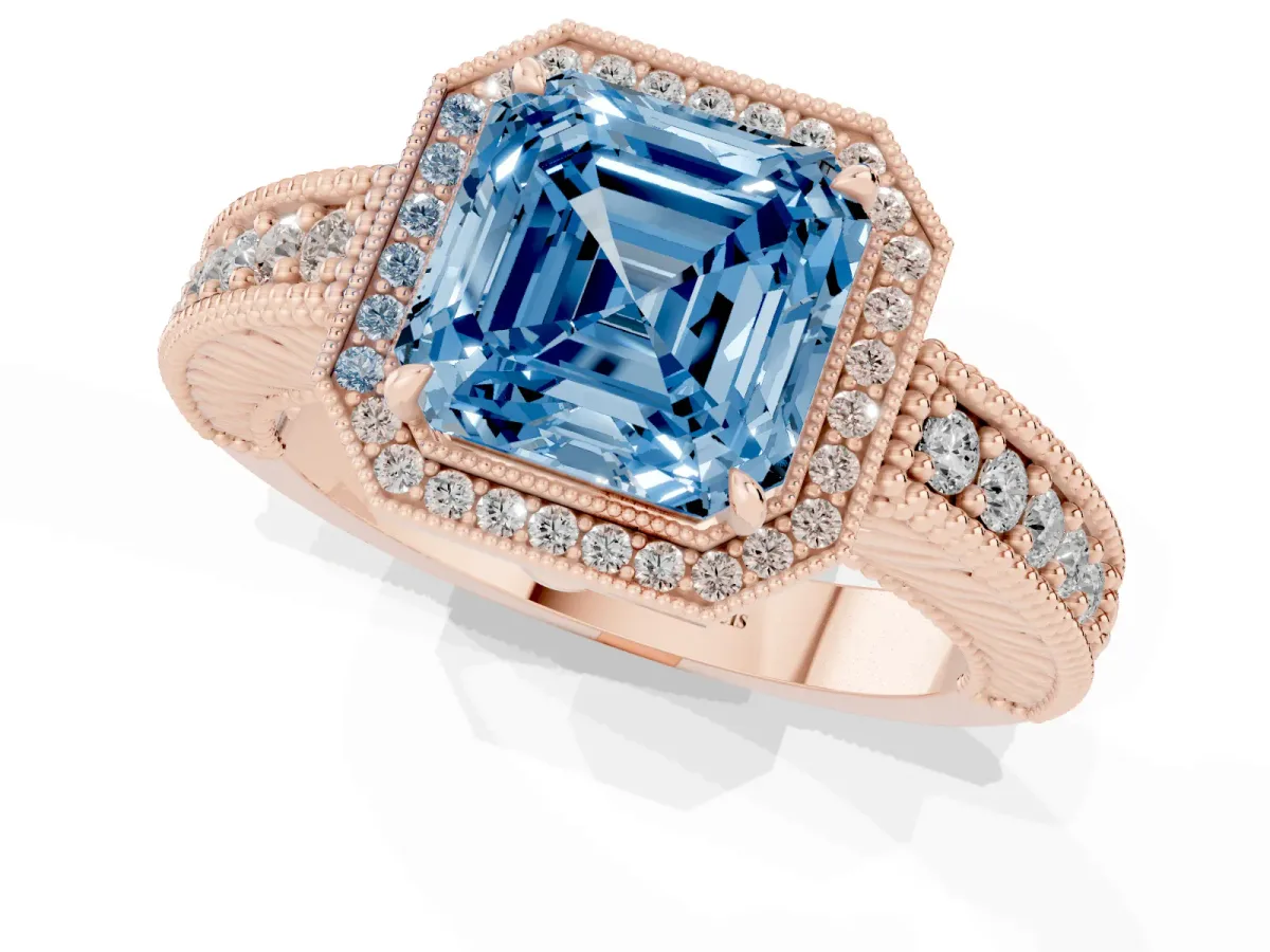 Fancy Blue Asscher Cut Cut Halo Diamond Ring with Pavé Band and Four-Prong Setting Rose gold