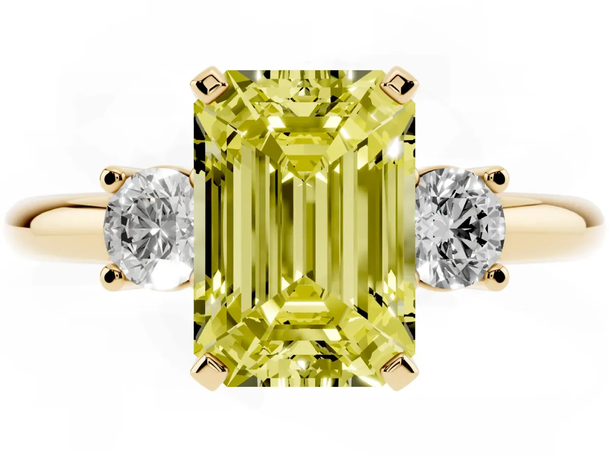 Fancy Yellow Three-Stone Emerald Cut Cut Diamond Solitaire with Prong Setting and Classic Band Yellow gold