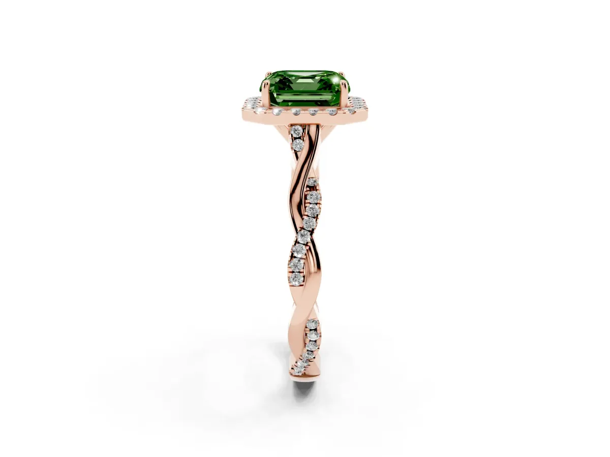 Fancy Green Asscher Cut Halo Twist Band Solitaire Ring Rose gold
