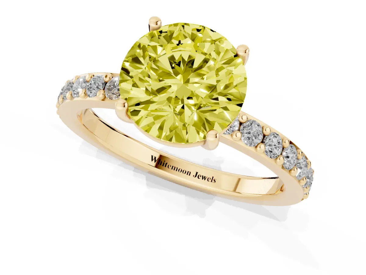 Fancy Yellow Round Cut Cut Diamond Solitaire with Pave Band and Four-Prong Setting Yellow gold
