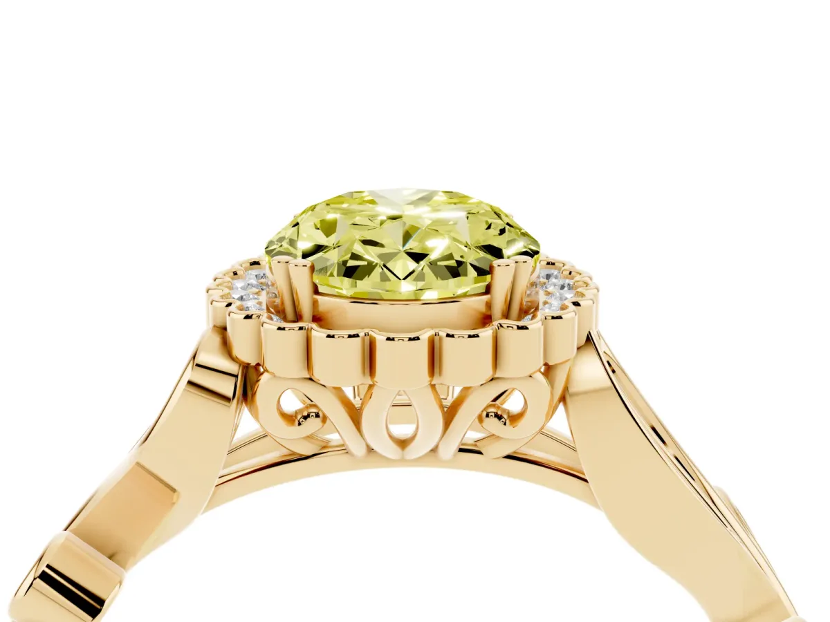 Fancy Yellow Oval Cut Diamond Halo Ring with Vintage Split Shank and Four-Prong Setting Yellow gold
