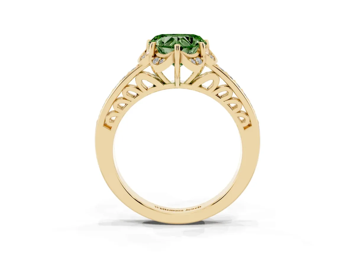 Fancy Green Heart Cut Cut Halo Diamond Ring with Channel Set Band and Four-Prong Setting Yellow gold
