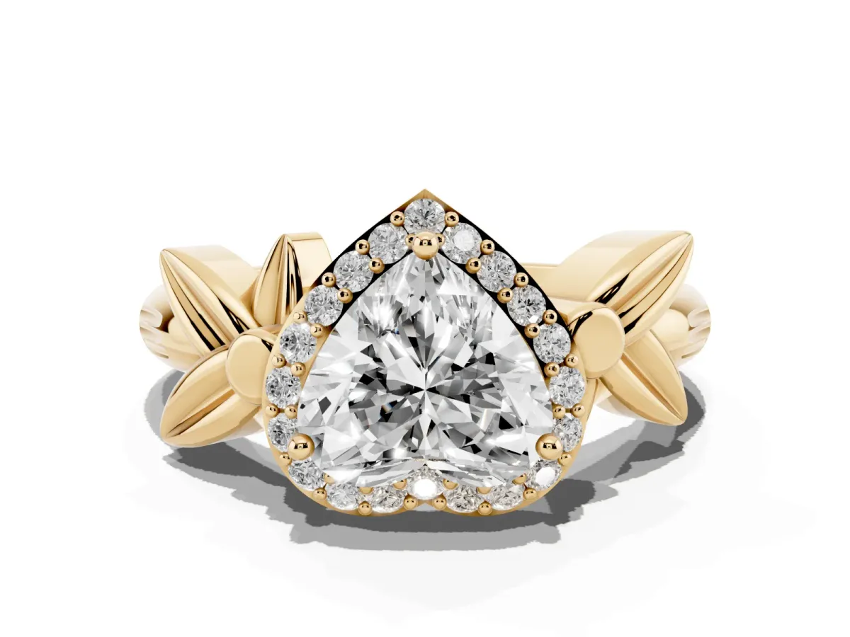 Heart Cut Halo Diamond Floral Band with Four-Prong Setting Yellow gold