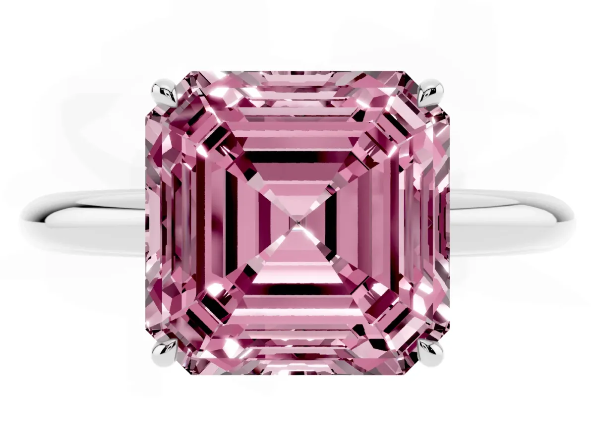 Fancy Pink Asscher Cut Brilliant Solitaire Engagement Ring with Six-Prong Setting and Classic Band Silver