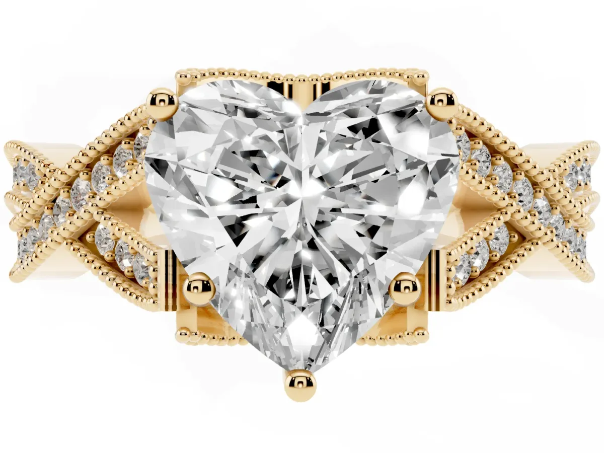 Heart Cut Cut Diamond Twisted Band with Milgrain Pave Setting and Four-Prong Setting Yellow gold