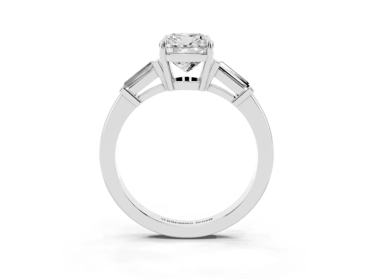 Cushion Cut Diamond Three-Stone Ring with Tapered Baguette Side Stones and Prong Setting White gold