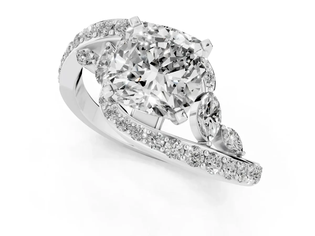 Cushion Cut Diamond Solitaire Ring with Filigree Band and Four-Prong Setting Silver