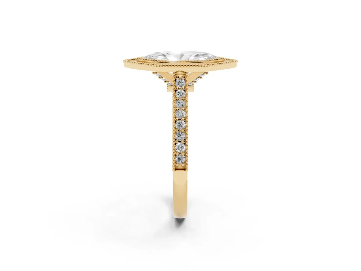 Halo Marquise Cut-Cut Diamond Pave Band Milgrain Prong Setting Ring Yellow gold