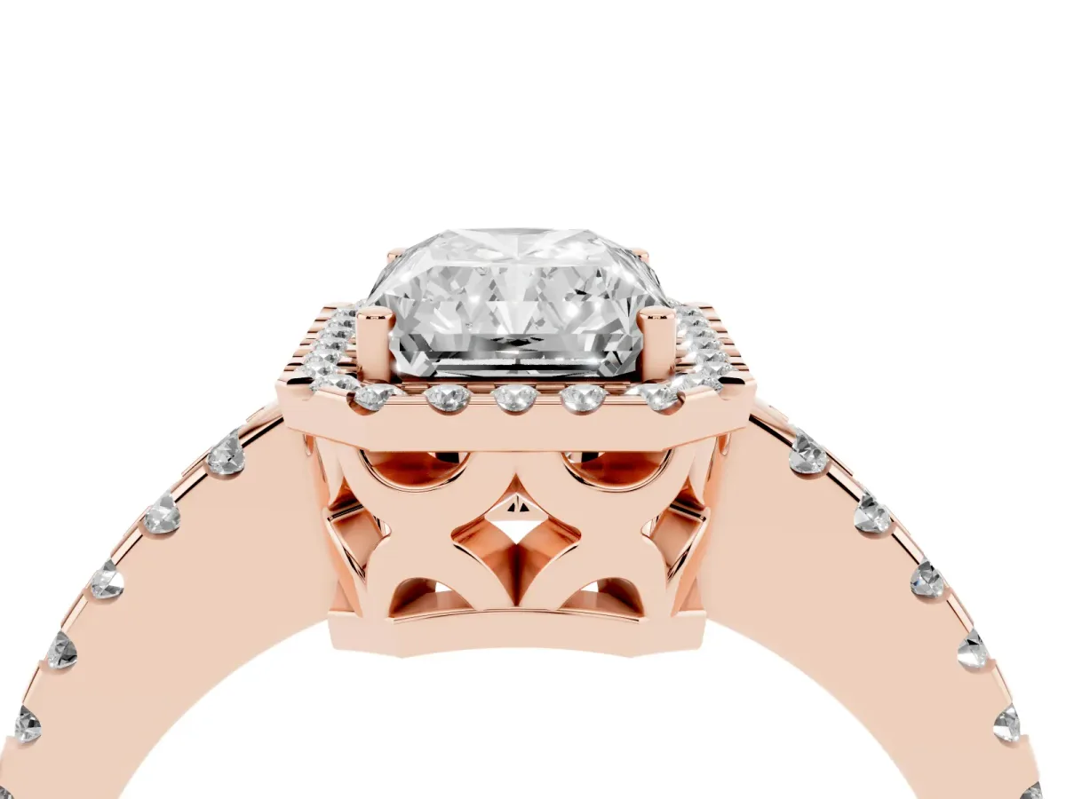 Radiant Cut Diamond Halo Engagement Ring with Pavé Band and Prong Setting Rose gold