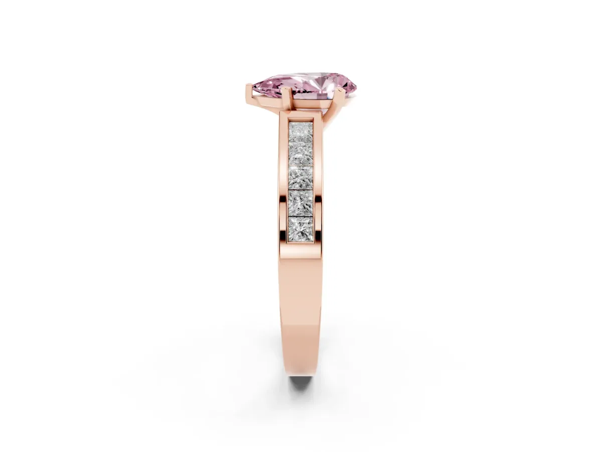 Fancy Pink Pear Cut Solitaire Diamond Ring with Channel-Set Band and Four-Prong Setting Rose gold