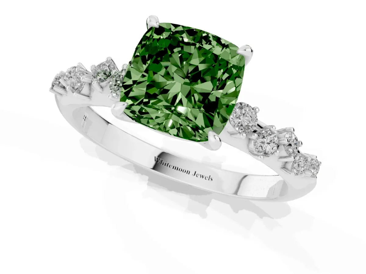 Fancy Green Cushion Cut Diamond Cluster Side Stone Solitaire Ring with Prong Setting Platinum