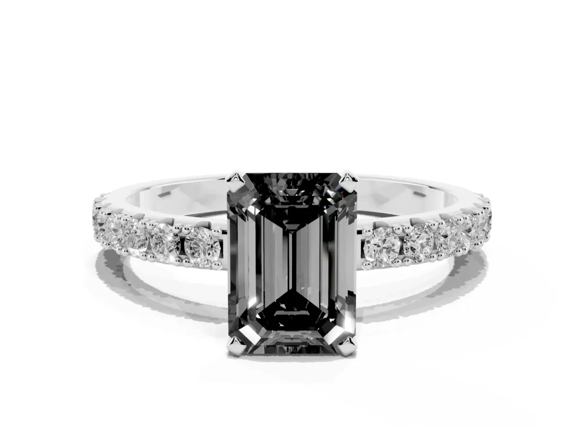 Fancy Black Emerald Cut Diamond Solitaire Pavé Band with Four-Prong Setting Platinum