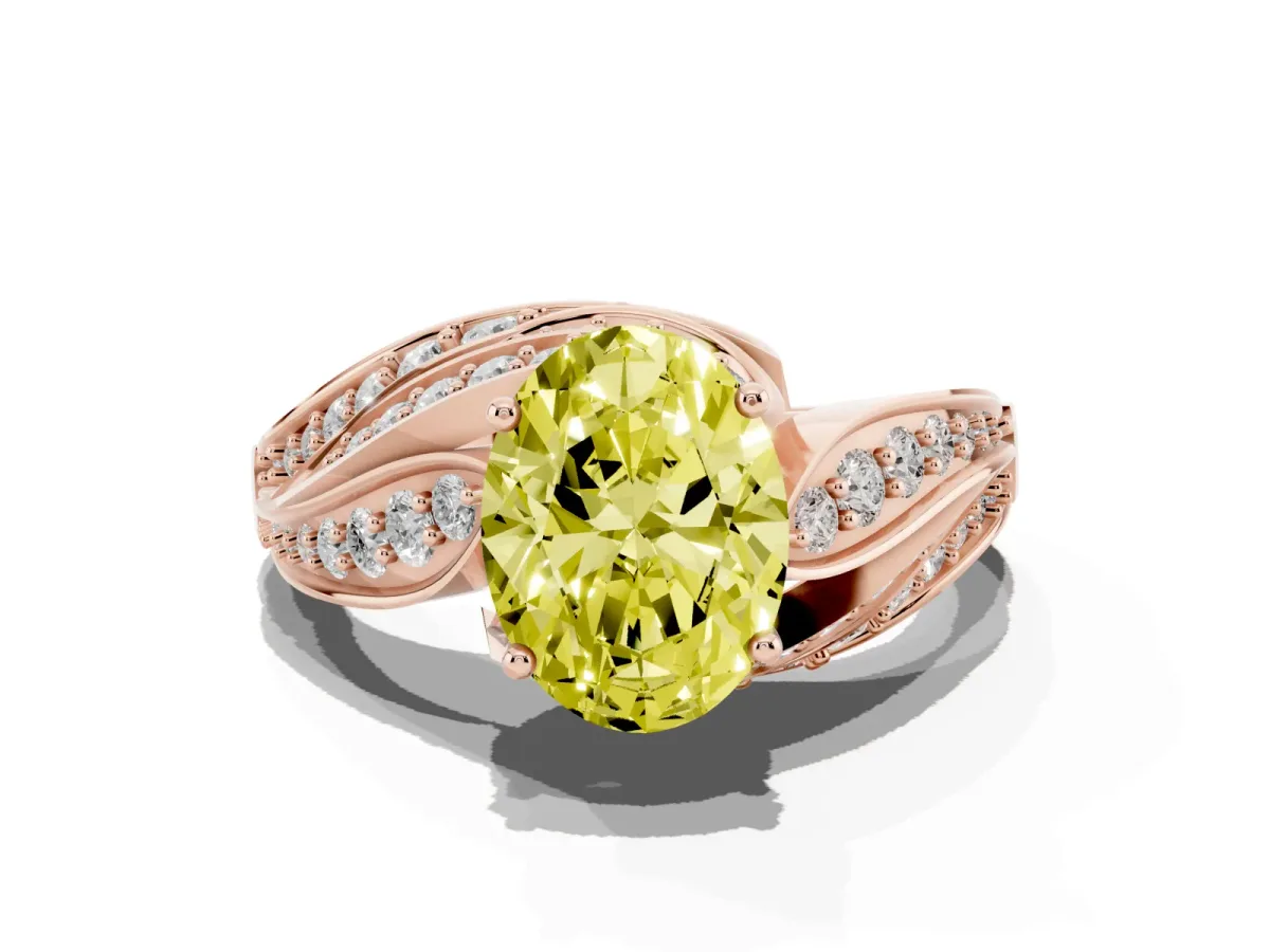 Fancy Yellow Oval Cut Diamond Solitaire Ring with Prong Setting and Twisted Pavé Band Rose gold