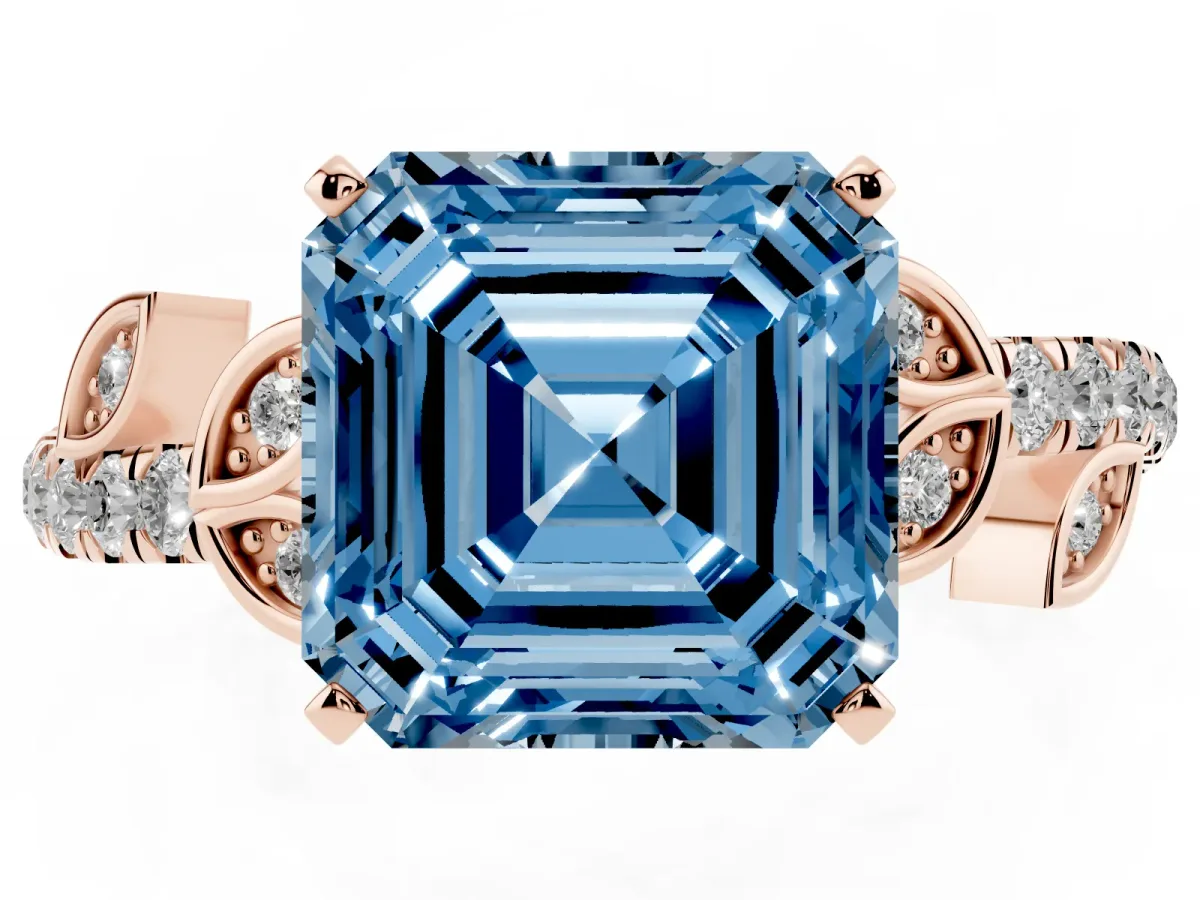 Fancy Blue Asscher Cut Solitaire Leaf-Inspired Diamond Ring with Pavé Band and Four-Prong Setting Rose gold