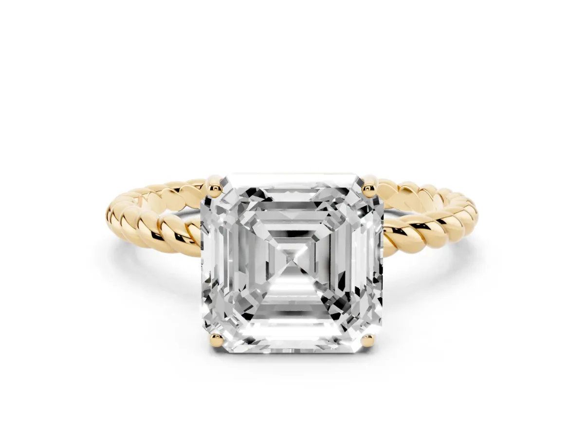 Asscher Cut Solitaire Twist Band Ring with Four-Prong Setting Yellow gold