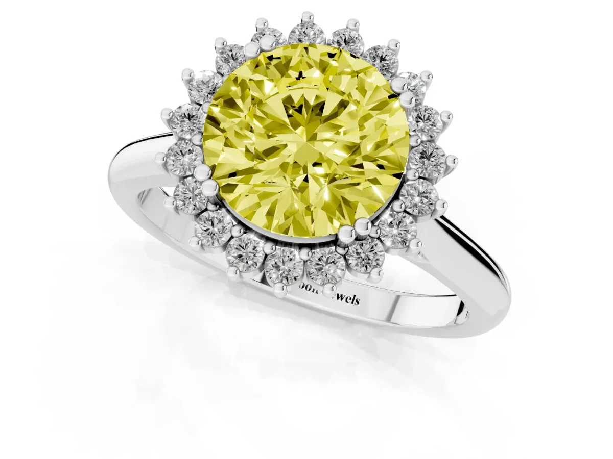 Fancy Yellow Round Cut Cut Diamond Halo Ring with Solitaire Band and Prong Setting Silver
