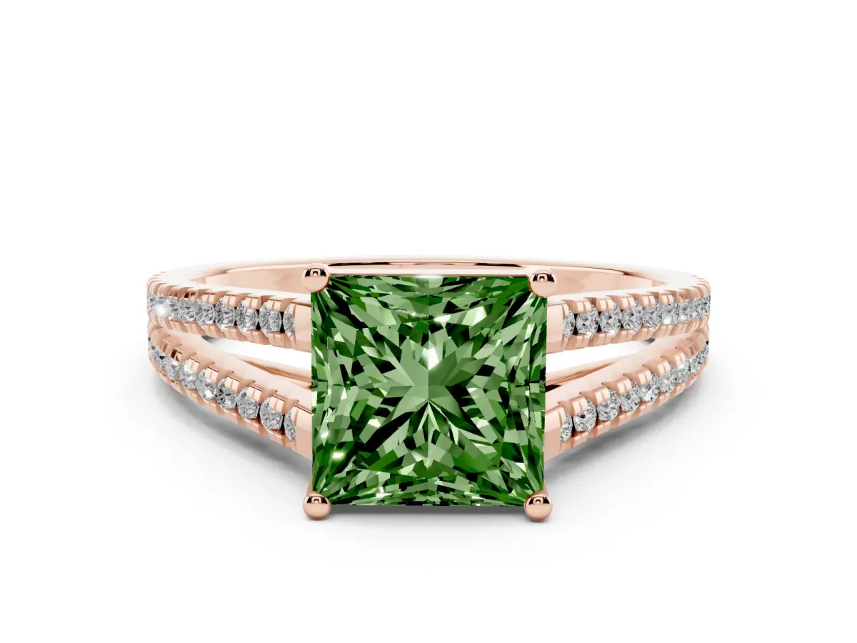 Fancy Green Princess Cut Diamond Solitaire Engagement Ring with Split Shank Pavé Band Rose gold