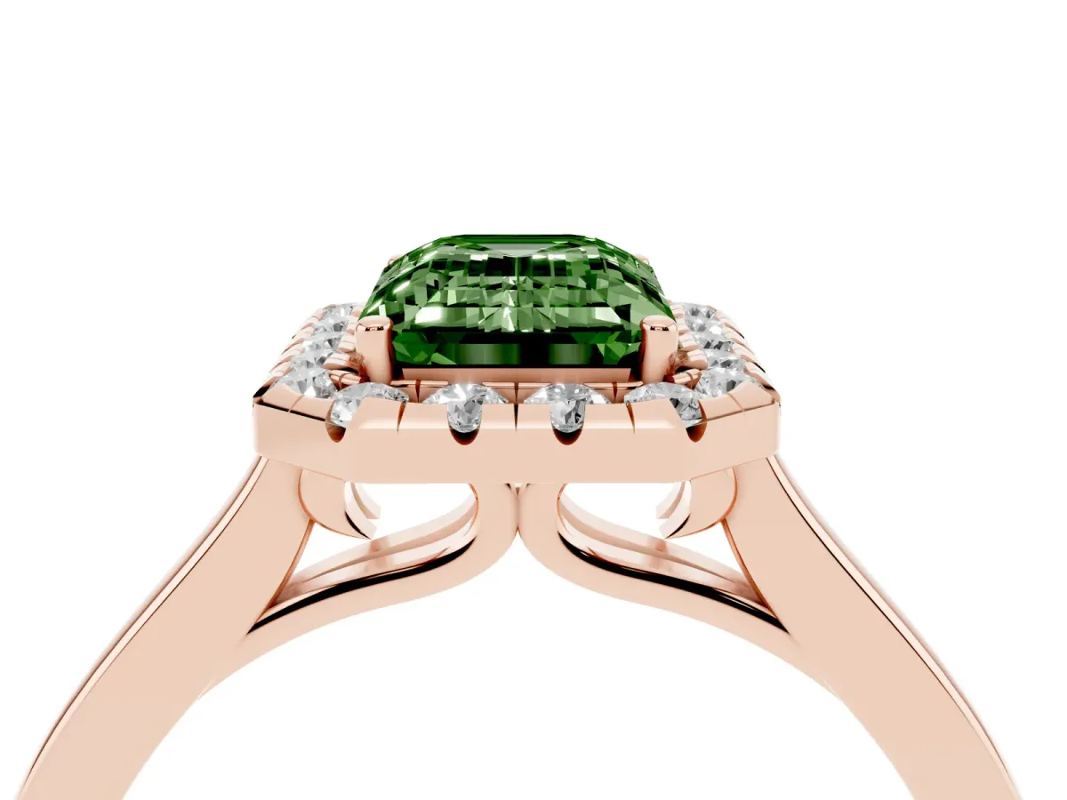 Fancy Green Emerald Cut Halo Round Diamond Solitaire Ring with Pavé Band and Four-Prong Setting Rose gold