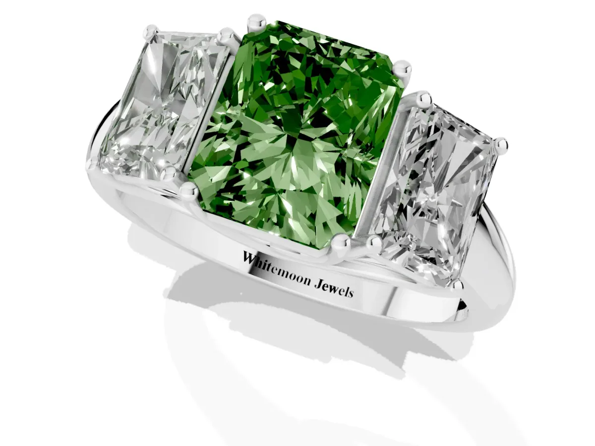 Fancy Green Three-Stone Radiant Cut Diamond Engagement Ring with Prong Setting White gold