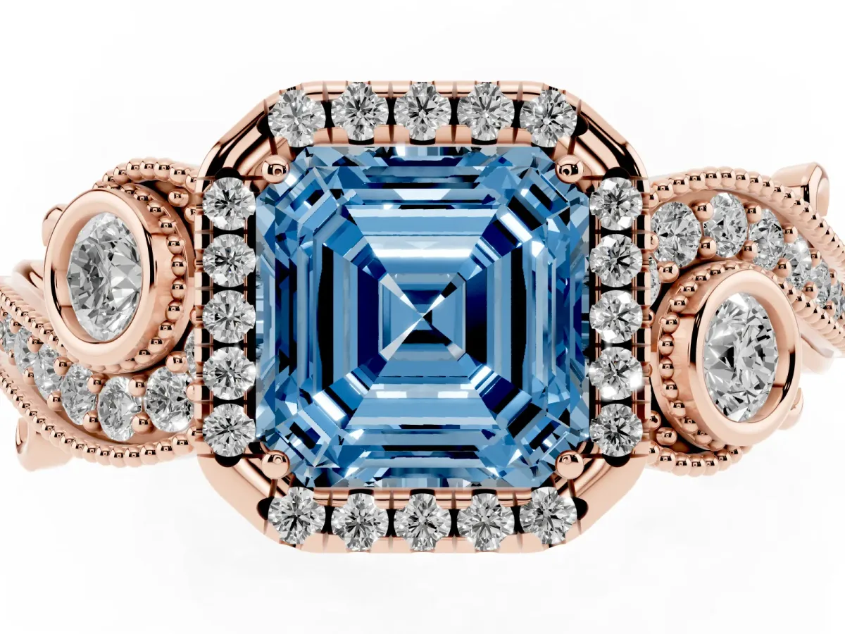 Fancy Blue Asscher Cut Halo Diamond Ring with Milgrain and Bezel Accents on a Split Shank Band Rose gold