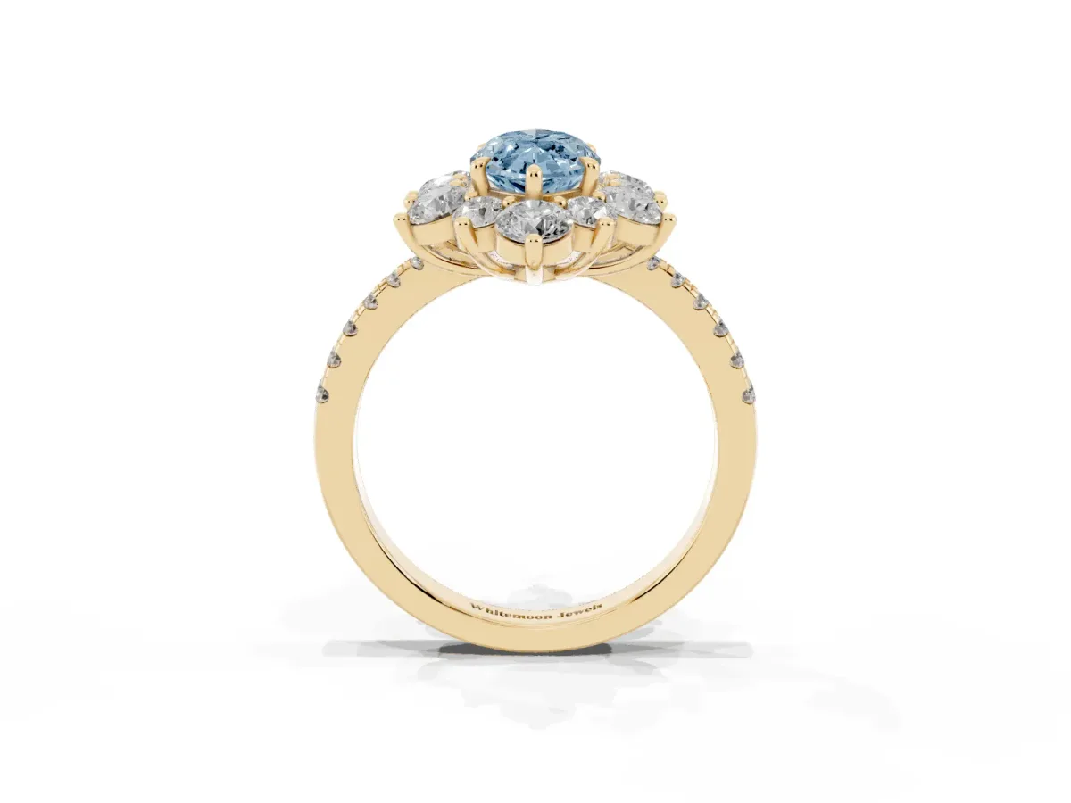 Fancy Blue Marquise Cut Diamond Floral Halo Ring with Round Pavé Band and Prong Setting Yellow gold