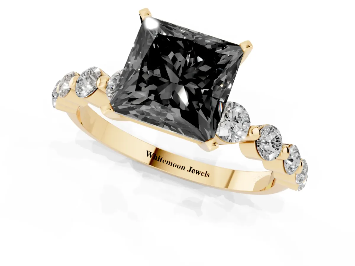 Fancy Black Princess Cut Solitaire Diamond Ring with Pave Band and Four-Prong Setting Yellow gold