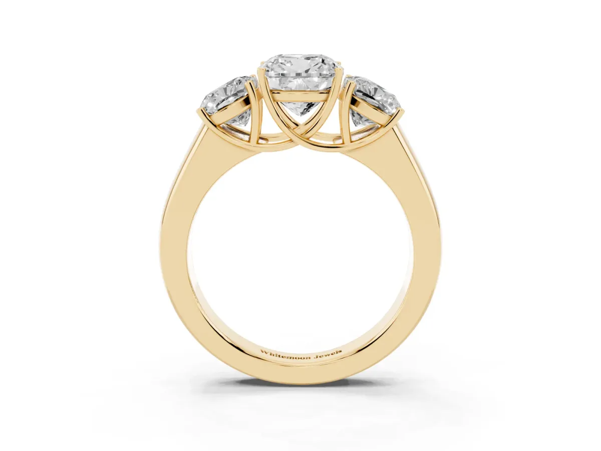 Three-Stone Cushion Cut Cut Diamond Ring with Prong Setting and Classic Band Yellow gold