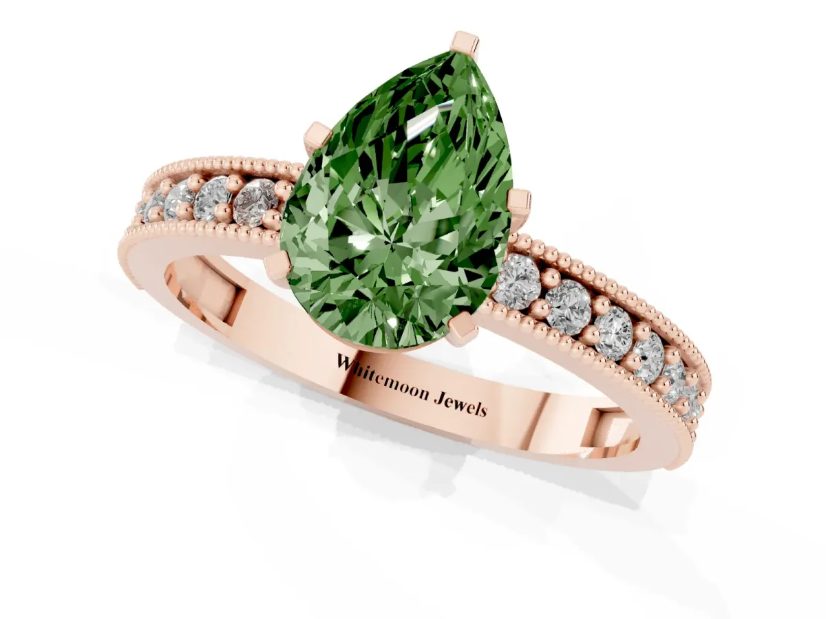 Fancy Green Pear Cut Diamond Milgrain Pavé Engagement Ring with Four-Prong Setting Rose gold