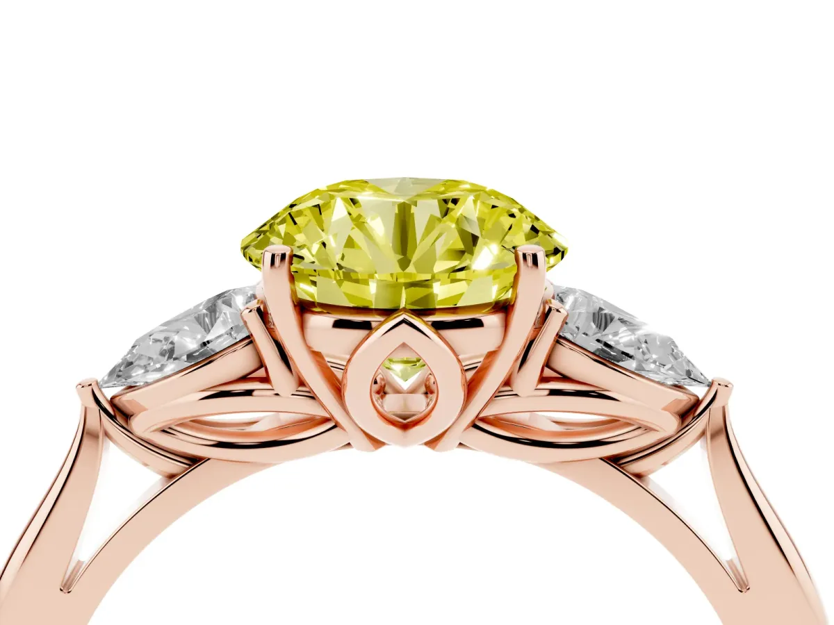 Fancy Yellow Round Cut Diamond Three-Stone Ring with Pear Side Stones and Prong Setting Rose gold