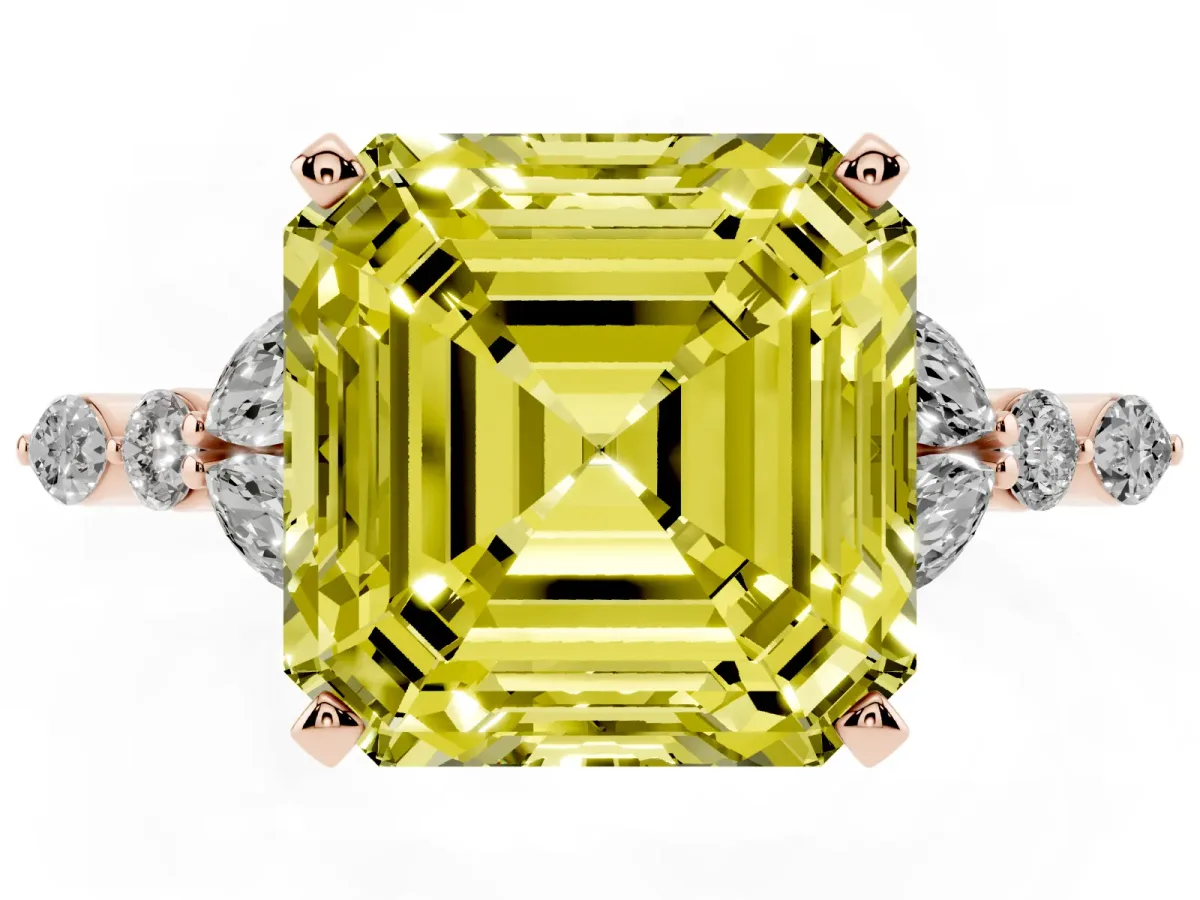 Fancy Yellow Asscher Cut Diamond Solitaire Ring with Side Stones and Four-Prong Setting Rose gold
