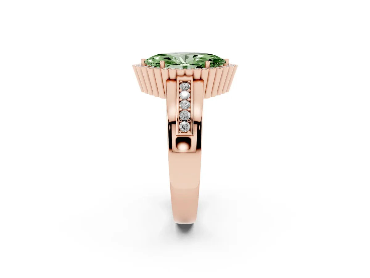 Fancy Green Marquise Cut Cut Halo Pave Band Four-Prong Ring Rose gold