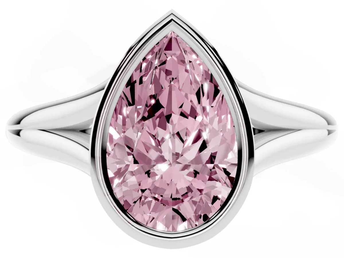 Fancy Pink Bezel Set Pear Cut Cut Solitaire Ring with Tapered Band Silver