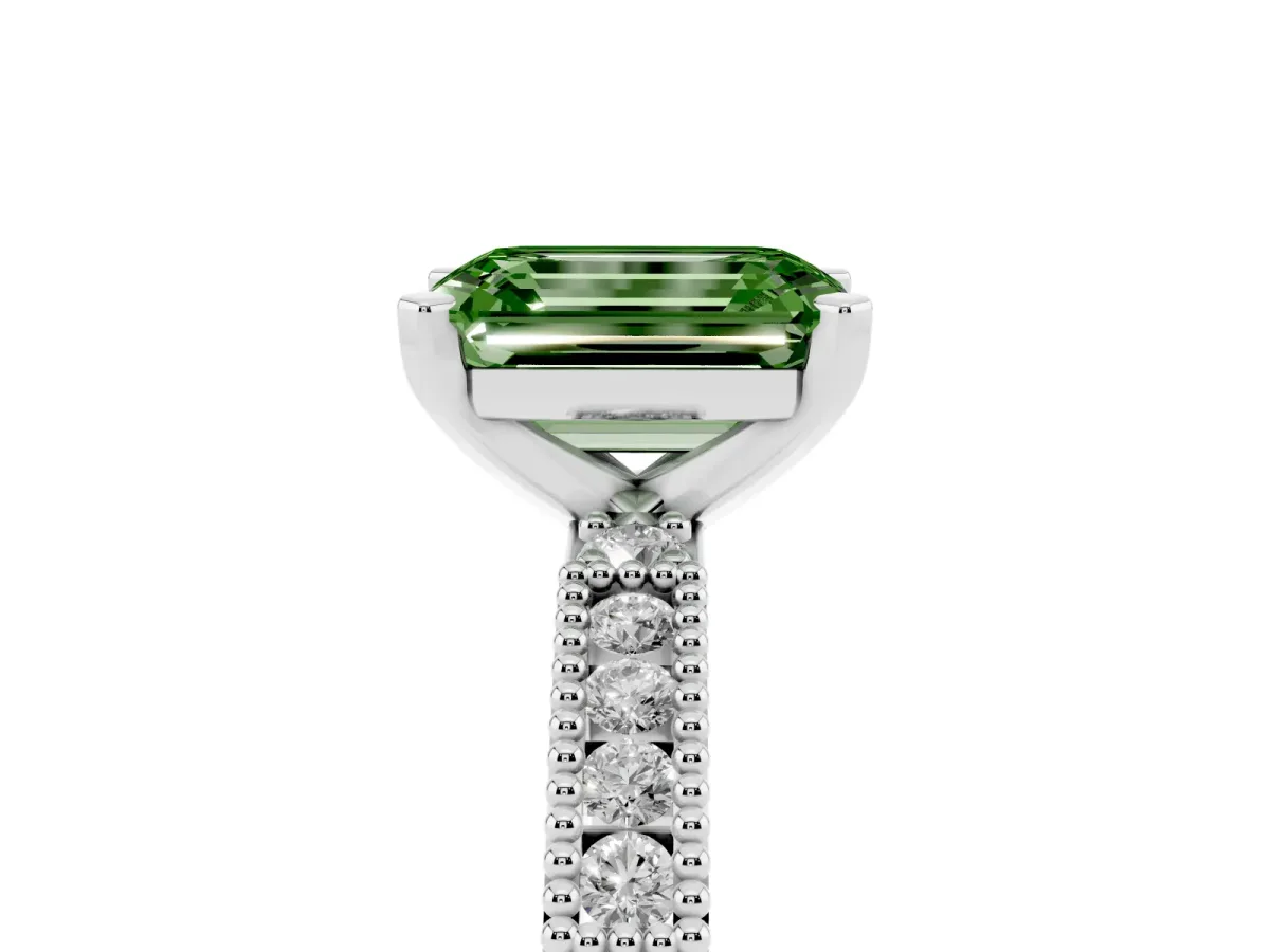 Fancy Green Emerald Cut Solitaire with Pavé Band and Four-Prong Setting Silver