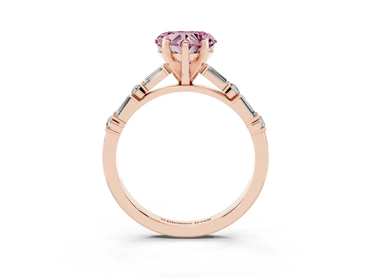 Fancy Pink Heart Cut Diamond Solitaire with Side Baguettes and Channel Set Band Rose gold