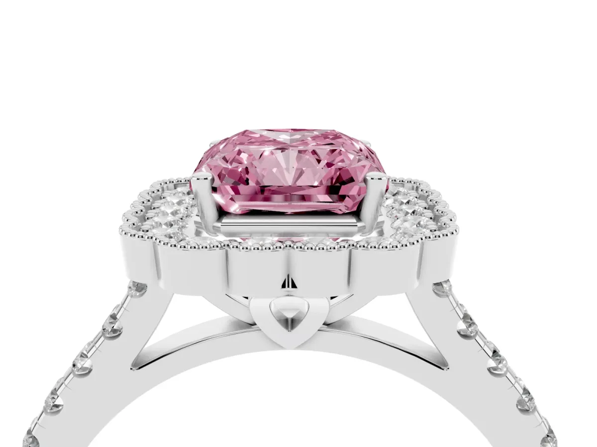 Fancy Pink Radiant Cut Cut Diamond Milgrain Floral Halo Engagement Ring with Pavé Band White gold