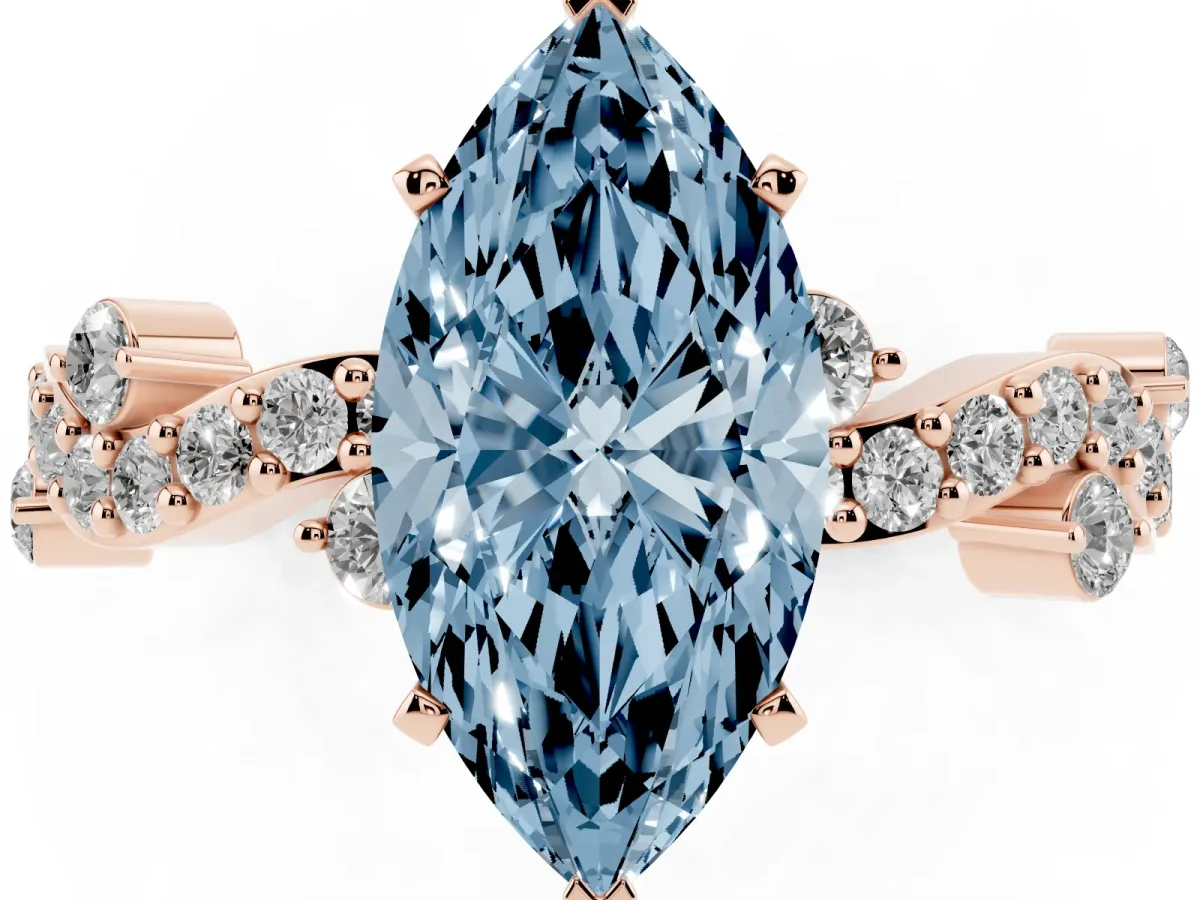Fancy Blue Marquise Cut Cut Solitaire Diamond Twisted Band with Pave Setting Rose gold