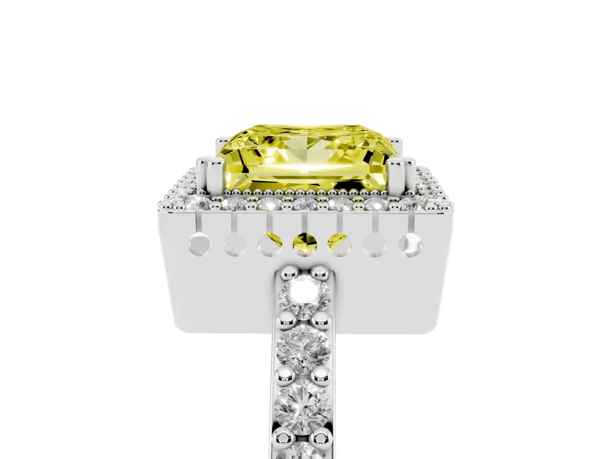 Fancy Yellow Princess Cut Cut Diamond Halo Engagement Ring with Milgrain Detail and Pavé Band Silver