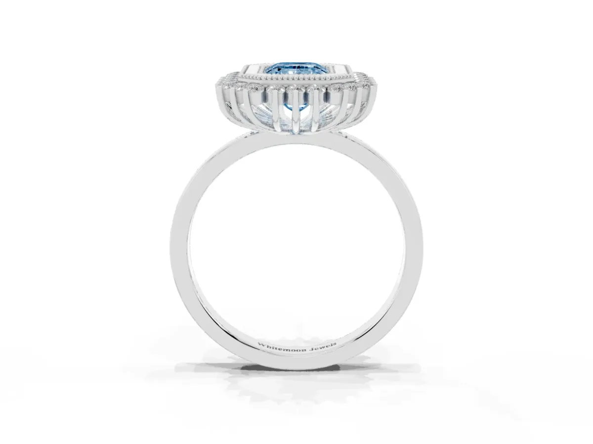 Fancy Blue Emerald Cut Halo Diamond Ring with Milgrain Edge and Round Prong Setting Platinum