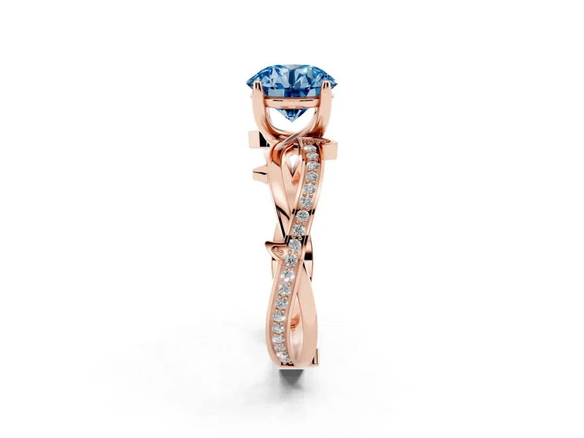Fancy Blue Round Cut Solitaire Twist Band with Pavé Accents and Four-Prong Setting Rose gold