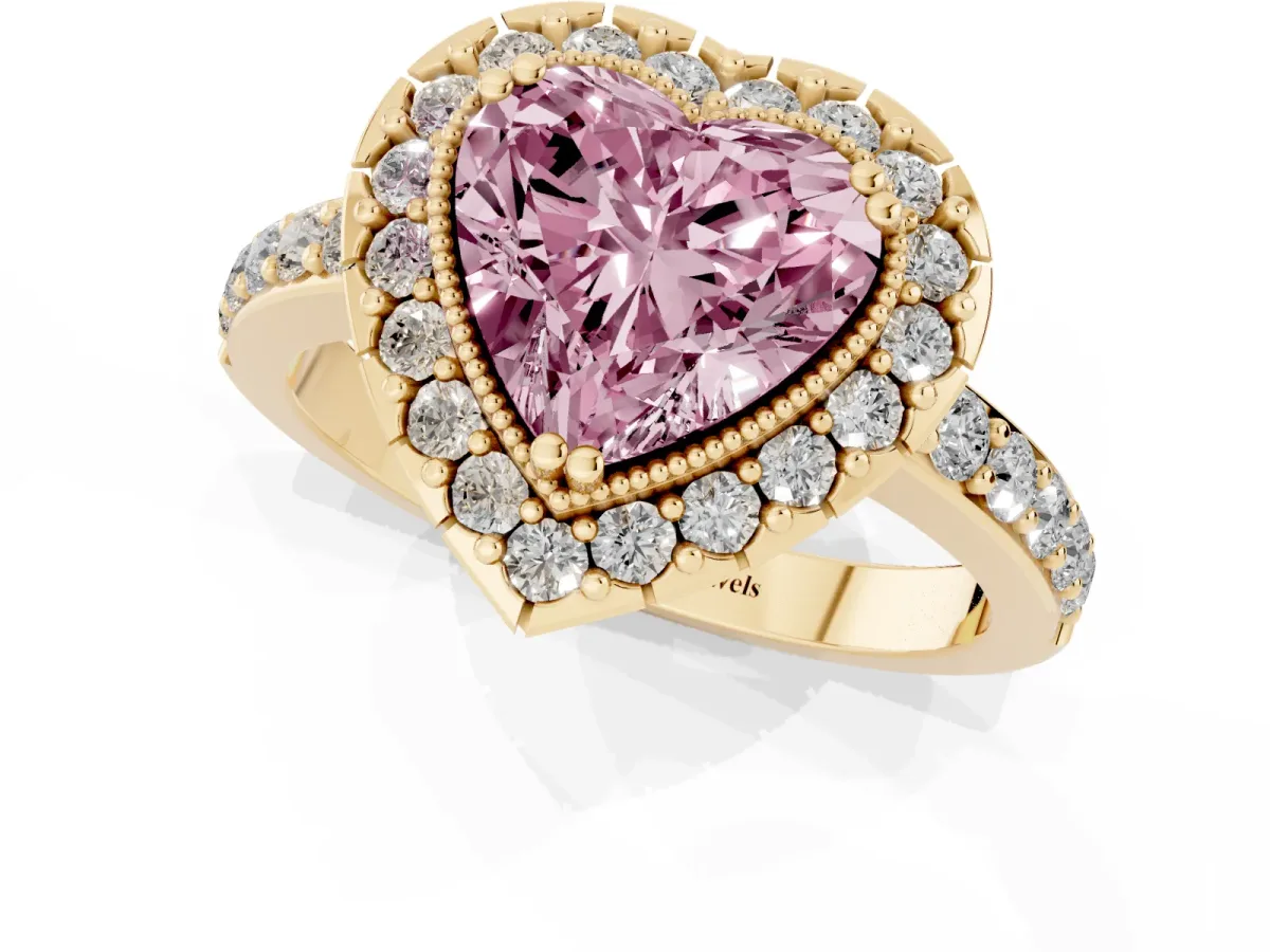 Fancy Pink Heart Cut Diamond Halo Ring with Pavé Band and Prong Setting Yellow gold