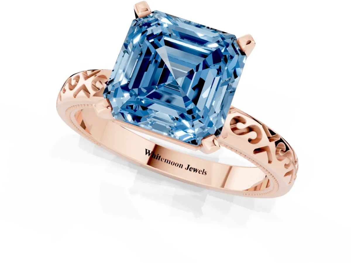 Fancy Blue Asscher Cut Solitaire Engagement Ring with Scrollwork Band and Four-Prong Setting Rose gold