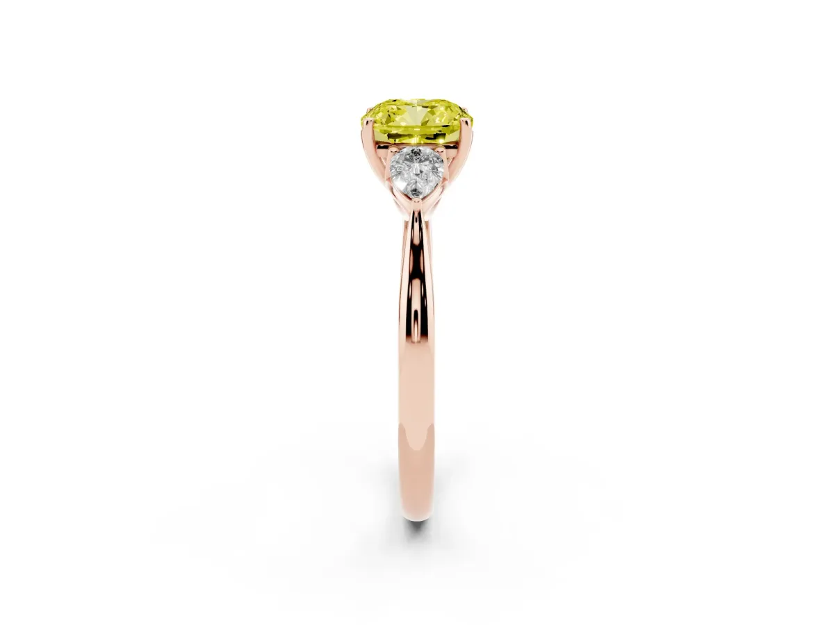 Fancy Yellow Three-Stone Cushion Cut Brilliant Diamond Solitaire Ring with Tapered Band and Four-Prong Setting Rose gold